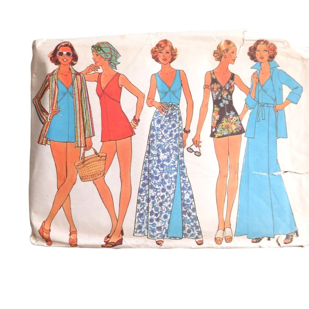 Vintage 70s Simplicity 7497 Medium Mod Hip Retro Swimsuit Wrap Skirt Jacket CUT